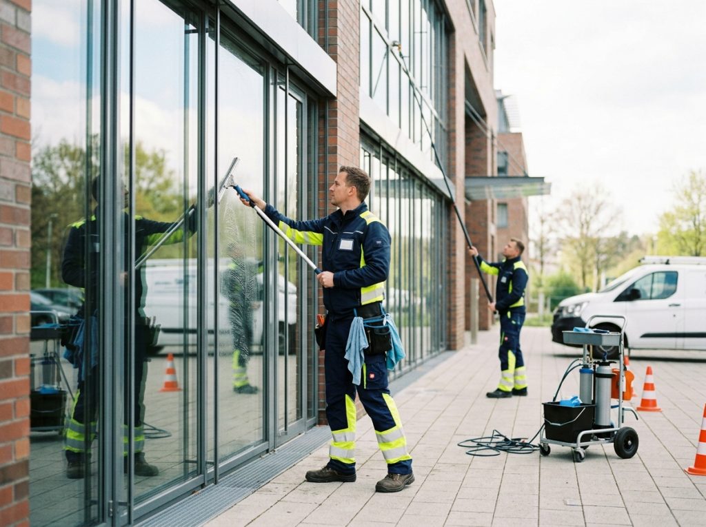 Bild eines professionellen Reinigungsteams bei der Arbeit (ggf. mit GG-Kozubek Branding)